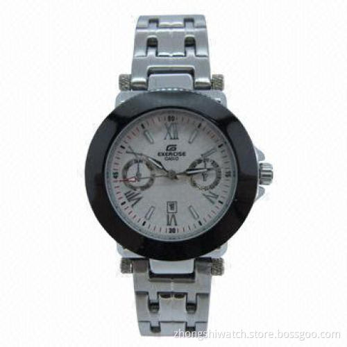 2-tone Black Geneva Style Metal Wristwatch with Slim Case and Stainless Steel Band, Ideal for Women